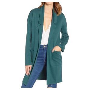 Leith Nordstrom Dark Green Open Front long Knit Blazer Jacket Duster Size Small